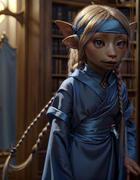 brea, vapra, gelfling, female, wearing satin lightblue robes,  medium blonde hair, braids, headband, jewelry, half body, indoors, fantasy castle library, smooth, godrays, large eyes apart, wide head,  <lora:GelflingsV2-000011:1>