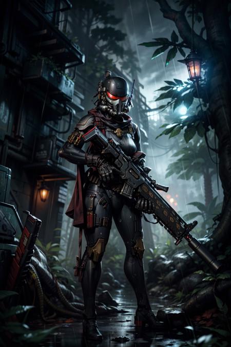 photo of , ((vindicare:1.2)), ((solo:1.3)), mask, red glowing visor, fully covered face,  black bodysuit, weapon over shoulder, sniper rifle, <lora:tool - add_detail:0.5>
standing on top of tree, standing by massive tree, lush jungle, dense jungle, rain forest, dark ambiance, night time, <lora:Officio Assassinorum MK1 by CARAXES-000029:0.7>