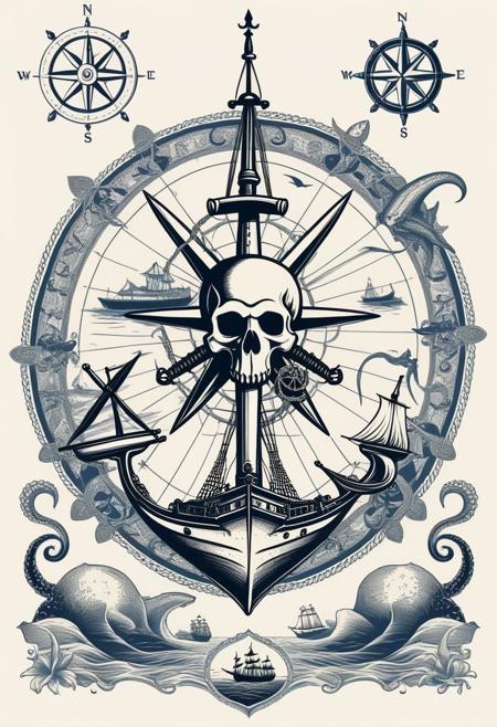 a detailed illustration with various elements related to nautical and pirate themes. Here are some key elements:
Skulls: There s a large skull with crossbones at the center and smaller skulls scattered throughout the image.
Ships: The image features a detailed sailing ship with multiple masts and sails, as well as a smaller, simpler depiction of a ship.
Maps and Compasses: Navigational maps showing outlines of landmasses and compass roses indicating directions are present.
Weapons and Tools: Various types of swords, including sabers and cutlasses, along with cannons and cannonballs are depicted.
Animals: The image includes illustrations of fish, sharks, a small rodent, birds, an octopus tentacle, and sea creatures like starfish and mythical sea creatures.
Texts: Handwritten-style texts are interspersed throughout, but they are not clear enough to be read or understood.
Other Elements: Symbols like hearts and clubs similar to those found on playing cards, and anchors of different styles and sizes are scattered around.