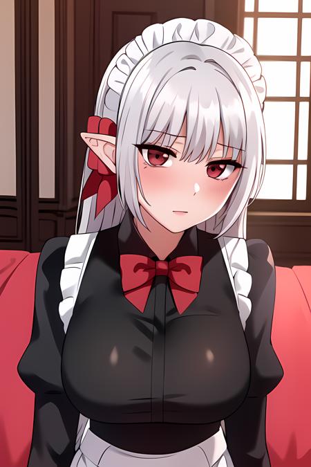 ((masterpiece, best quality)),1girl,sitting,serious,close mouth,solo,indoors,blush,elf, blush,(large breasts),bow breasts, long_hair, dress,maid, maid_apron, maid_headdress, pointy_ears, red_bow, red_bowtie, puffy_sleeves,long_sleeves,red_eyes,(white_pantyhose),shiny_skin,,,,,, ,extremely detailed CG unity 8k wallpaper, perfect lighting,Colorful, Bright_Front_face_Lighting,White skin, (masterpiece:1.0),(best_quality:1.0), ultra high res,4K,ultra-detailed, photography, 8K, HDR, highres, absurdres:1.2, Kodak portra 400, film grain, blurry background, bokeh:1.2, lens flare, vibrant_color,professional photograph,bow breasts,(Beautiful large_Breasts), (beautiful_face:1),(narrow_waist),Beautiful Finger,Beautiful long legs,Beautiful body,Beautiful Nose,Beautiful character design, perfect face,perfect balance,(2d)