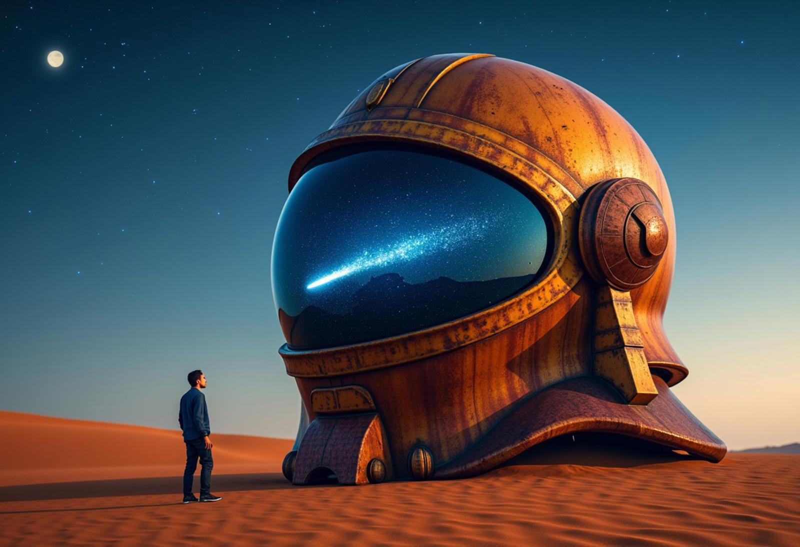 A hyper-realistic scene set in a vast desert under a clear night sky. In the center of the scene stands a rusted giant helmet, towering at ten times the size of a human, its sleek surface partially buried in the sand. A man stands nearby, gazing up in awe at the enormous helmet, dwarfed by its immense size. The rusted helmet's visor reflects a stunning night sky, with bright stars and a glowing comet streaking across the reflection. The focus of the image captures the surreal contrast between the massive helmet and the tiny human, set against the backdrop of the serene desert and the mesmerizing celestial display in the reflection.