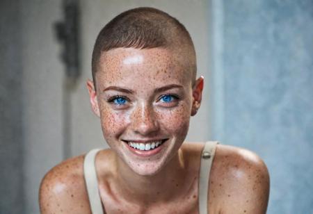 beautiful lady, (freckles), big smile, blue eyes, buzzcut hair, dark makeup, hyperdetailed photography, soft light, head and shoulders portrait, cover as laracroft