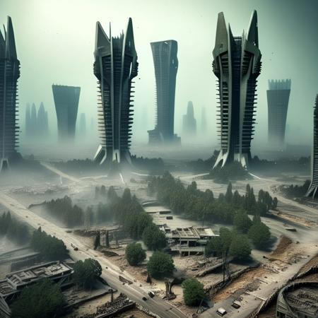 alien ruins, cityscape, skyscrapertree, road, haze, depth of field