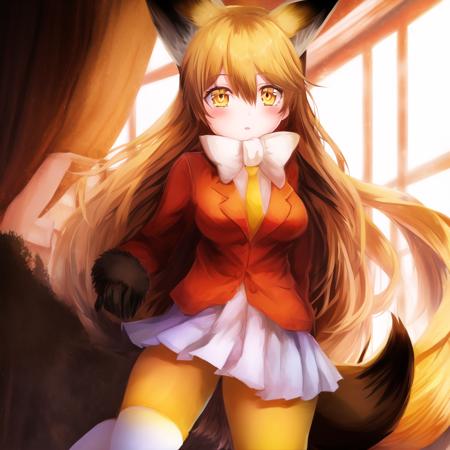 ezo, 1girl, solo, animal ears, fox ears, long hair, fox tail, blonde hair, white pleated skirt, brown gloves, brown fur trim, white bowtie, yellow legwear, long sleeves, yellow necktie, white undershirt, hair between eyes, very long hair, fur-trimmed sleeves, fox girl, bangs, orange eyes, orange blazer, brown loafers, brown tipped ears, brown tail, detailed shading, detailed ambient light