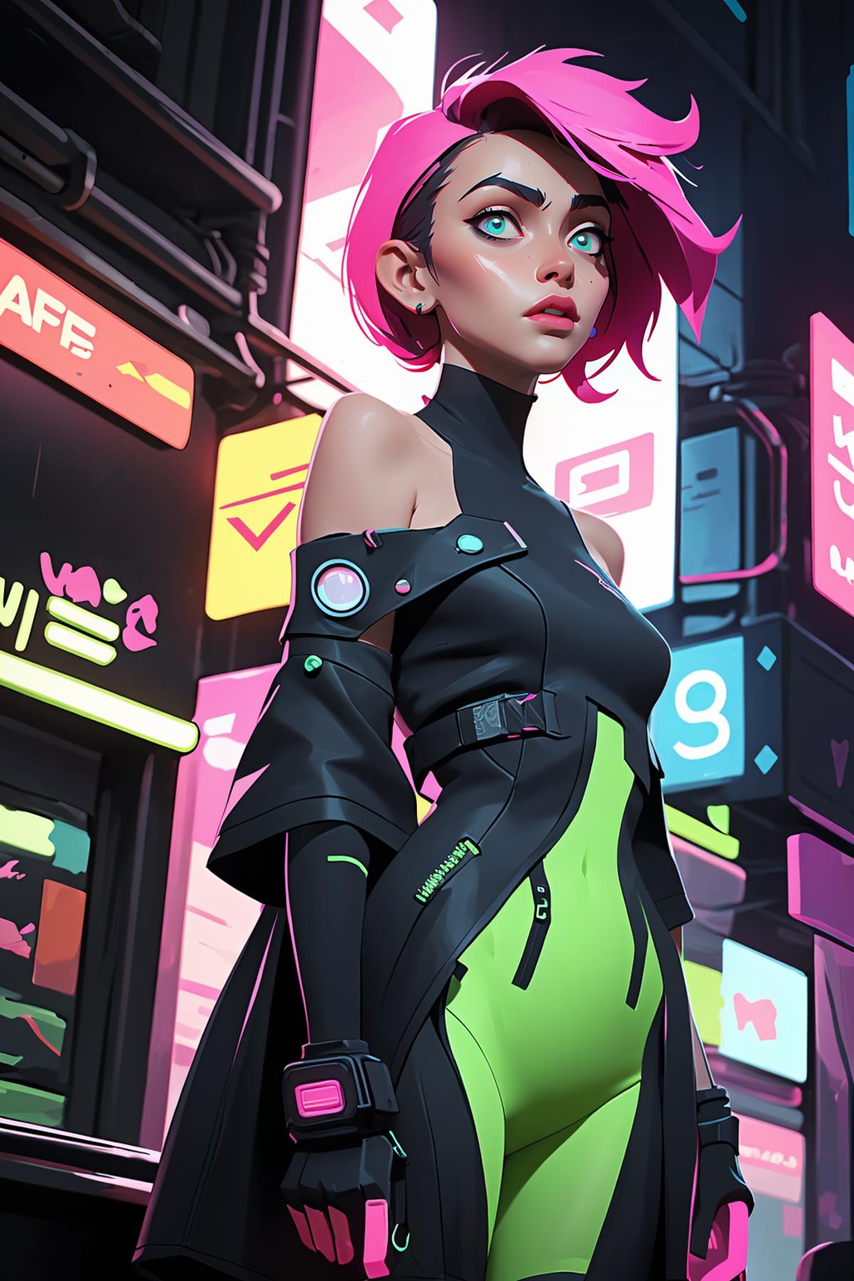 A Pink-Haired Cyberpunk Woman in a Black and Green Outfit.