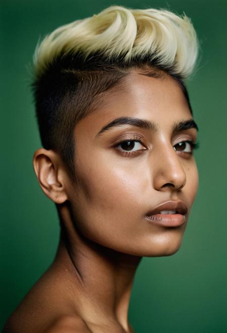 Delve into the modern essence of beauty with this photography series featuring a 20-year-old indian woman with a hi-top fade hairstyle. Set against a backdrop of green colors and soothing tones, her blonde locks stand out as a symbol of individuality and confidence. The dark theme adds depth and drama to each image, while the high contrast creates a sense of visual tension and dynamism. With natural skin texture rendered in hyperrealism, the soft light gently illuminates her features, evoking a sense of intimacy and authenticity in the portraits.
Enhanced by double exposure manipulation, this photography series takes on an artistic dimension, blending elements of surrealism and modern aesthetics. Each image is transformed into a visual masterpiece, where the subject's essence intertwines with the surrounding environment in a captivating display of creativity and imagination. Explore the intersection of beauty and artistry in this unique and compelling portrait series, 35mm canon 5d