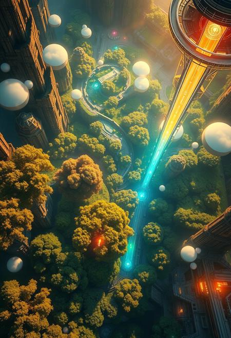 In a breathtaking overhead shot, a kaleidoscope of colors radiates from the nascent world, as evolved beings emerge amidst lush, verdant landscapes and futuristic architecture. Soft, golden light illuminates the scene, highlighting the harmonious fusion of natural and advanced elements. The energy of rebirth pulses through the air, as beings with glowing auras interact with towering trees and sleek, metallic structures, blending nature's beauty with technological innovation.