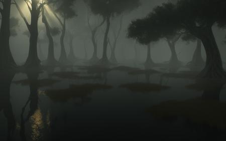 A murky swamp with twisted trees rising from the water, spotlight, light shafts, volumetric light and fog, subsurface scattering, caustics, bloom, ray tracing, global illumination