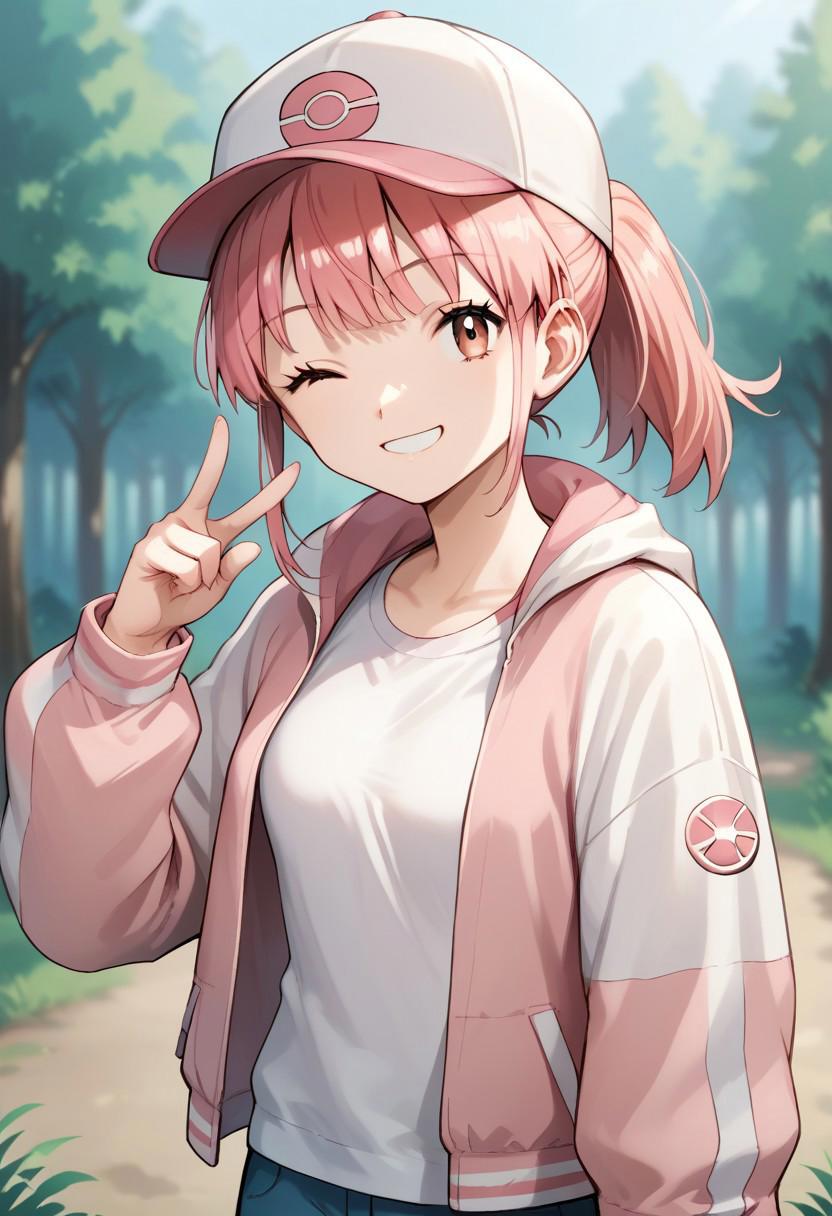 (source_anime, score_9, score_8_up, score_7_up:1), 1girl, solo, pink hair, ponytail, bangs, hat, looking at viewer, smile, one eye closed, jacket, outdoors, forest