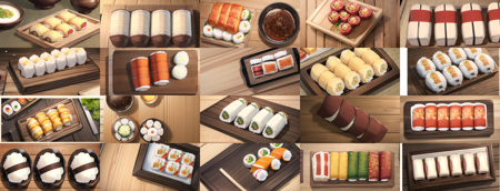 Sushi rolls and soy sauce,<lora:FoodAssets-15:0.65>,luxurious wooden table background