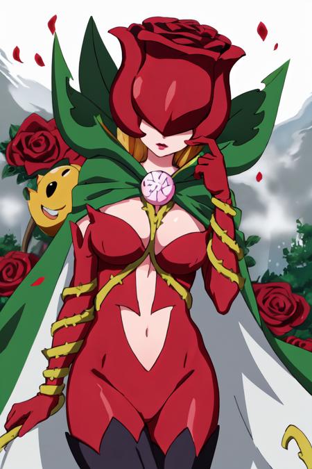 masterpiece, best quality, 1girl, solo, anime coloring, flat color, 
ANIME_rosemon_yugiho_ownwaifu, www.ownwaifu.com, 
digimon \(creature\),  breasts, long hair, large breasts, lipstick, navel, makeup, covered eyes, monster girl, helmet, plant girl, colored skin,  
thighhighs, cleavage, petals, elbow gloves, navel cutout, red flower, red gloves, bodysuit, mask, thorns, cape, gloves, vines, rose, flower, plant, 
<lora:ANIME_rosemon_yugiho_ownwaifu-15:0.8> ,
portrait, mountain, fog,