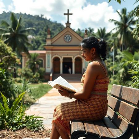 score_9, score_8_up, score_8, highly detailed, A 18 yo Bolivian woman is sitting on a bench across a church, holding a book, reading, very hot summer day, jungle.