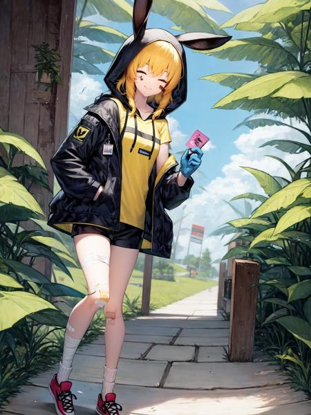 <lora:xia-000001:1>, 1girl, animal_ears, bandages, bandaid, bandaid_on_cheek, bandaid_on_face, bandaid_on_knee, bandaid_on_leg, bangs, black_shirt, black_shorts, yellow_hair, closed_eyes, closed_mouth, full_body, gloves, hair_ornament, holding, hood, hood_down, hooded_jacket, id_card, jacket, long_sleeves, open_clothes, open_jacket, rabbit_ears, shirt, shoes, shorts, simple_background, smile, socks, solo, standing, white_background