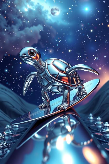 silver surfer turtle, universe, surfboard, cartoon, scenery,
chrome, shiny, reflections, metallic
