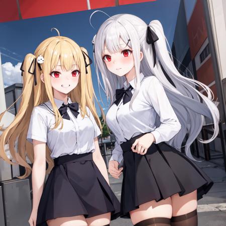 2girls, outdoors, cityscape, ADDBASE,
blonde hair, long hair, ribbon, red eyes, two side up, hair ribbon, hair ornament, black ribbon, ahoge, (small breasts), school uniform, very long hair, bangs, evil grin, ADDCOL,
white hair, long hair, ribbon, red eyes, two side up, hair ribbon, hair ornament, black ribbon, ahoge, (large breasts), blush, school uniform,  very long hair, bangs, ADDROW,