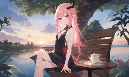 1girl wings tail dragon-tail solo wings dragon-horns long-hair pointy-ears side-up dragon-wings cup pink-hair purple-eyes sitting bench crossed-legs flower teacup looking-at-viewer red-flower black-dress one-side-up small-breasts breasts feet-out-of-frame table covered-navel sideboob bare-shoulders bangs sleeveless-dress cloudy-sky river forest tree sunset from-side from-above expressionless smile