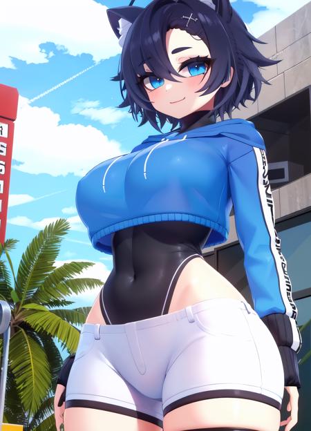 (best quality, high quality:1.2), (absurdres, masterpiece), (perfect face, perfect eyes), 1girl, solo, cowboy shot, street, cityscape, snuffy \(vtuber\), SnuffyVRChatSwim, large breasts, black leotard, leotard under clothes, cropped hoodie, blue hoodie, hood down, long sleeves, blue eyes, tail, raccoon ears, white shorts, virtual youtuber, covered navel, short hair, hair over one eye, thigh strap, standing, black hair, ((pale skin)), dynamic pose, double v, v, smile, looking at viewer, underboob, from below, <lora:SnuffyVRChatSwimsuit:0.6>,