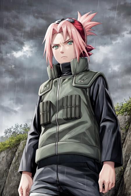 sakura warshippuden, woman, masterpiece, best quality, absurdres, standing , serious,  badass, bandaged leg, black pants, green vest,  long sleeves, ponytail, forehead protector, shinobi symbol, looking at viewer,  upper body,  outdoors , grey sky, rain, storm, battlefield background, grey ground, rock, epic,  <lora:sakura_shippuden:1>, <lora:DetailLora:1>,  <lyco:BetterHands:1.0>