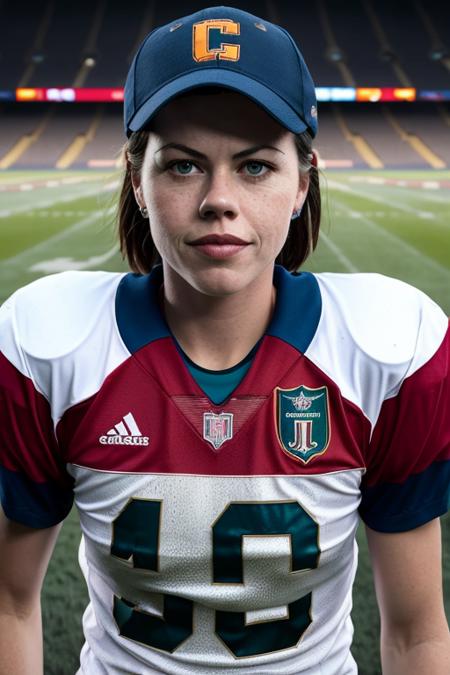 portrait photo of (f41ruz43-14850:1.0) woman as football player, soft lighting, movie promo