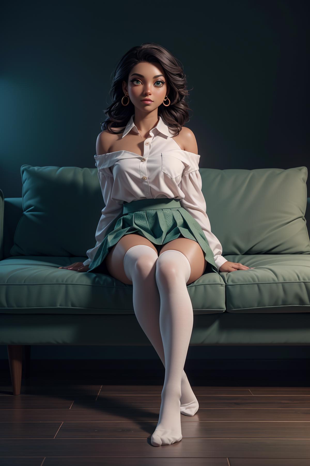 Woman posing on a couch in a white shirt and green skirt.