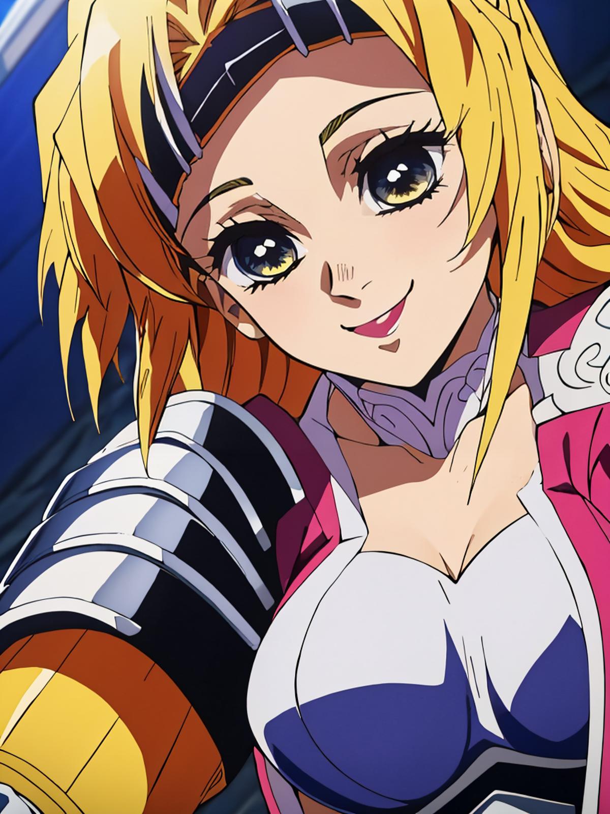Anime Cartoon Woman in Pink Jacket with Yellow Hair and Blue Eyes.
