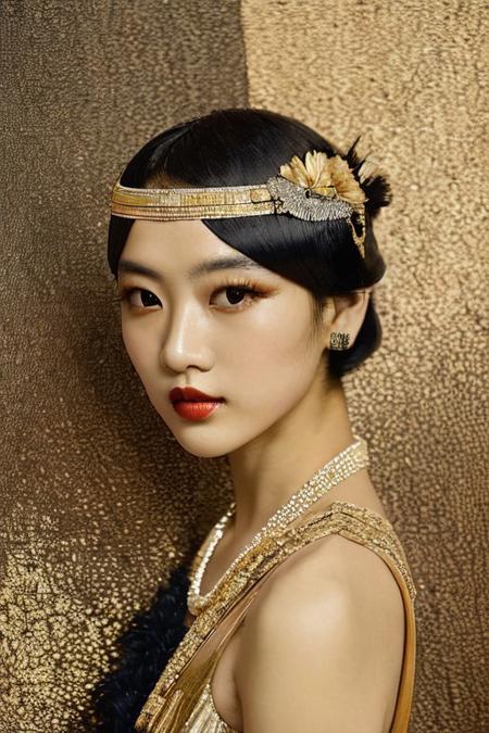 score_9, score_8_up, score_7_up, score_6_up, perfect anatomy, perfect proportions, best quality, masterpiece, high_resolution, high quality, aesthetic, absurdres, (female focus), solo female, A portrait of an Asian woman, short bob cut, black hair, 1920s, Taishō Roman, modan garu, flapper girl, stardom, beautiful, glamorous, (in the style of Takehisa Yumeji), beautiful, charming, alluring, stardom, beautiful, glamorous, art deco, retro, old fashioned, looking at viewer, eye contact, vibrant, vivid, (background of fabric with black&gold&tan art-deco abstract geometric flowers), old technicolor film style, film grain, aged film stock, insanely detailed, masterpiece, extraordinary achievement, award-winning