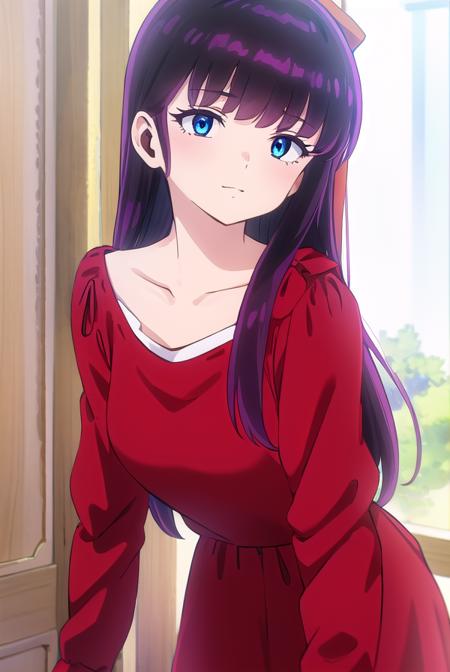 ryoukomendou, <lora:ryouko mendou s1-lora-nochekaiser:1>,
ryouko mendou, long hair, blue eyes, purple hair, bow, hair bow, mole, mole under eye, smile,
BREAK dress, red dress, collarbone, long sleeves,
BREAK indoors, classroom,
BREAK looking at viewer, (cowboy shot:1.5),
BREAK <lyco:GoodHands-beta2:1>, (masterpiece:1.2), best quality, high resolution, unity 8k wallpaper, (illustration:0.8), (beautiful detailed eyes:1.6), extremely detailed face, perfect lighting, extremely detailed CG, (perfect hands, perfect anatomy),