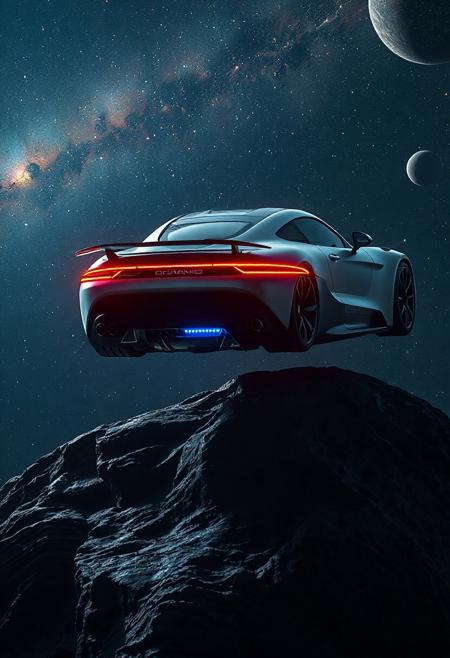 Mercedes-AMG ONE GT floating in outer space, ultra-realistic 4K render with high detail. The car has a pitch black and white color scheme, glowing red rear lights and neon blue front headlights. The car is levitating above a rugged asteroid, without contact to the surface. It is illuminated by distant stars, galaxies, and cosmic dust, casting subtle reflections on its sleek surface. Deep space lighting, realistic shadows, and a cinematic sci-fi atmosphere. The background features a cosmic environment with stars, nebulae, and distant celestial bodies. Emphasis on photorealism, weightless suspension, and dramatic lighting that enhances the futuristic vibe