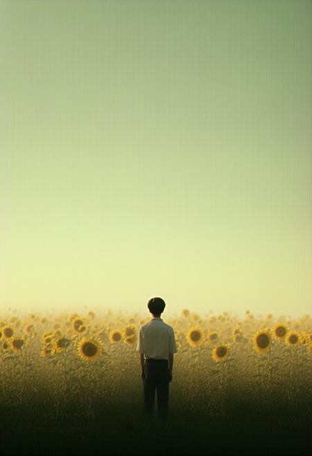 A solitary boy stands amidst a field of towering, withered sunflowers, their heavy heads drooping towards the ground. The scene conveys a sense of melancholy and quiet contemplation. The boy's posture is slightly hunched, suggesting a weight on his shoulders. The background is a hazy, golden-hour landscape, bathed in soft, diffused light. Photorealistic, cinematic lighting, 8k resolution, octane render, volumetric light, inspired by the paintings of Edward Hopper and Ansel Adams, solitude, introspection, beauty, dramatic composition, sense of longing.