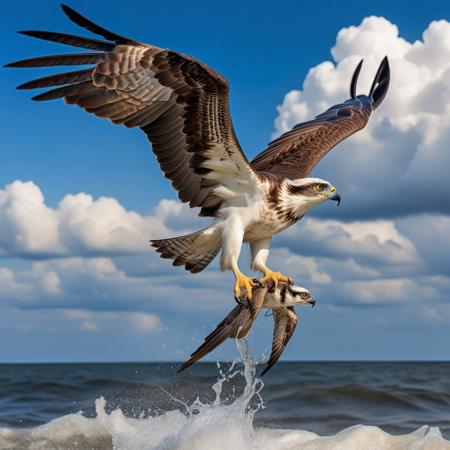osprey eagle in flight rushing into the sea with a captured fish, blue sky background with cumulonimbus cloud, photography very realist