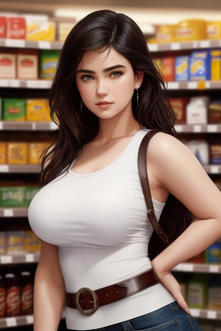 picture of (jencon90s:1), a woman (wearing a tight white t-shirt:1.2), (wearing jeans), (big breasts:1.1), modelshoot style, (extremely detailed CG unity 8k wallpaper), photo of the most beautiful artwork in the world, professional majestic oil painting by Ed Blinkey, Atey Ghailan, Studio Ghibli, by Jeremy Mann, Greg Manchess, Antonio Moro, trending on ArtStation, trending on CGSociety, Intricate, High Detail, Sharp focus, dramatic, photorealistic painting art by midjourney and greg rutkowski, (leather belt), ((in a supermarket)), (looking at viewer), (detailed eyes:1.2)