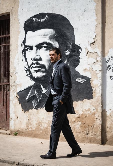 modern business man walking by in  front of old che guevara graffitty, posters ,  (cinematic),  old broken white primed wall