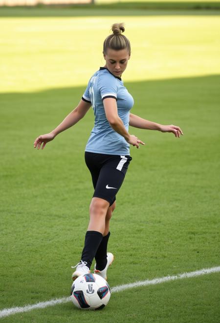 21 year old female athlete wearing a tight jersey and tight shorts. Slender build, slim waist. Front side view. Playing soccer outside on a lush green grass soccer field. (((Huge fake round breasts, large breasts, big boobs, very firm boobs:1.3))) that stretch her too small shirt. Muscular thighs and buttocks. Hair style up in a ponytail.