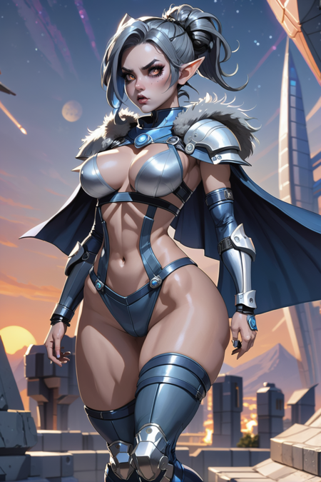 1girl, woman, heroic orc viking witch, athletic, sexy armor, leather pauldrons, dark sunset hair, side ponytailfur cape, zombie pose, bombshell hair, slate gray hair with blue-grey highlights, ahoge, thick thighs, narrow waist, korean, (noon, architecture, "at the Intergalactic Arcology":1.3)<lora:EnvyHourglassFigureXL01:1>