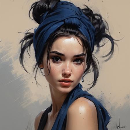 a woman with long black Messy bun with a headscarf  in the style of charlie bowater, dark blue and dark black, michael garmash, comic art, realistic color palette, dark black and beige, soft-focused realism