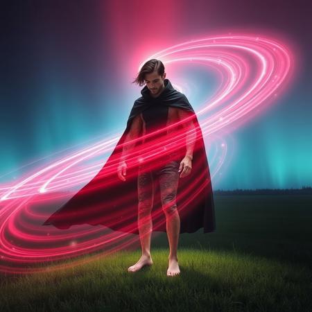 an ethereal and glowing representation of an royal dark haired masculine with perfect hands and dark hair, wearing an dark cape, standing barefoot in the grass. The man is emitting a vibrant electromagnetic field resembling Earth's magnetic field, characterized by sweeping aurora-like arcs and lines that curve outward from the head and wrapping around to the feet of the figure. Use shades of red, blue to mimic Earth's aurora borealis, with a subtle shimmering effect to enhance the dynamism of the magnetic field. The overall tone should feel both scientific and artistic, blending realism with an otherworldly aesthetic.