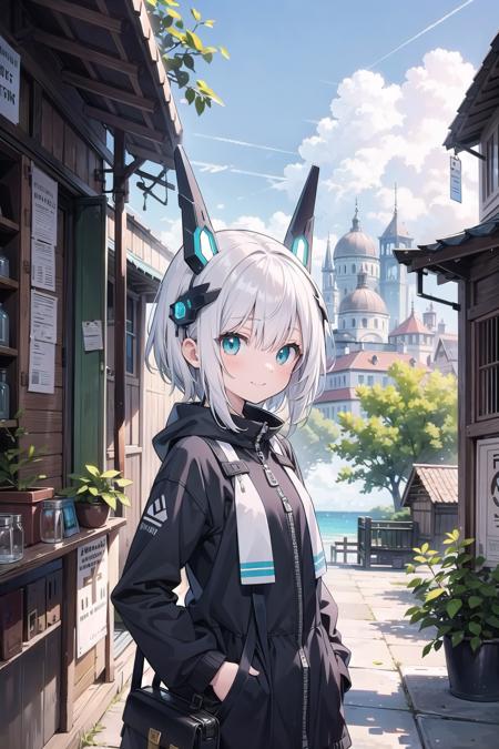 (masterpiece), science fiction, scenery, 1girl, smile, silver hair, aqua eyes, headgear