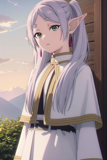 frieren, <lora:frieren-lora-nochekaiser:1>,
frieren, long hair, twintails, (green eyes:1.5), grey hair, pointy ears, elf,
BREAK shirt, long sleeves, jewelry, pantyhose, earrings, striped, black pantyhose, capelet, striped shirt,
BREAK looking at viewer, upper body, full body,
BREAK outdoors, sky, nature,
BREAK <lyco:GoodHands-beta2:1>, (masterpiece:1.2), best quality, high resolution, unity 8k wallpaper, (illustration:0.8), (beautiful detailed eyes:1.6), extremely detailed face, perfect lighting, extremely detailed CG, (perfect hands, perfect anatomy),