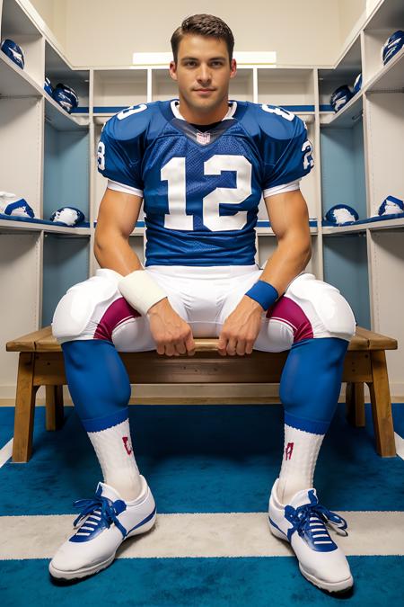 in an American football locker room, (sitting on a bench), legs spread open, muscular ColbyTaylor, American football player wearing American football uniform, American football shoulder pads, (cerulean jersey:1.4), jersey number 12, (cerulean football pants and pads:1.4), (white socks:1.2), (sneakers:1.2), (((full body portrait))), slight smile, wide angle  <lora:ColbyTaylor:0.8>