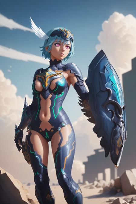 (masterpiece, realistic), 1girl, sandalphon, purple eyes, blue hair, sandalphonoutfit, bare shoulders, headpiece, shield, full body, sky, clouds, 8k,  absurdres, subsurface scattering, unreal engine , volumetric lighting <lora:SandalphonV1:0.7>