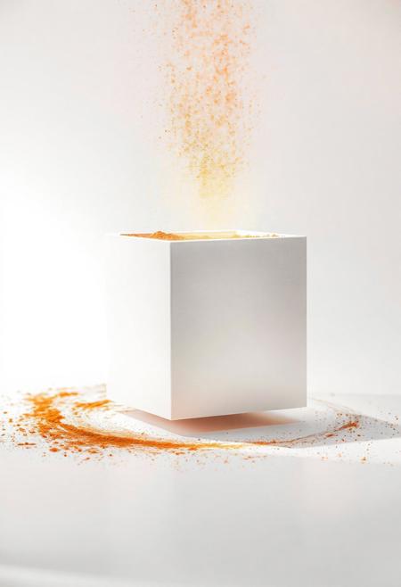 A white cube on a white background, bronze powder falling onto the cube, dramatic crisp light,