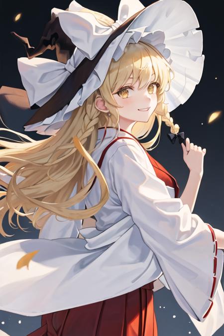 best quality, masterpiece, highres, solo, {white kimono:1.35}, {red hakama:1.35}, {wide sleeves:1.20}, {kirisame_marisa_touhou:1.15}, blonde_hair, long_hair, hat, witch_hat, bow, yellow_eyes, braid, single_braid, hat_bow, smile, hair_bow, white_bow, bangs, black_headwear, upper_body