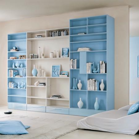 a modern room with a bookcase,  <lora:Ahn:1>, (pale blue theme:1.3)