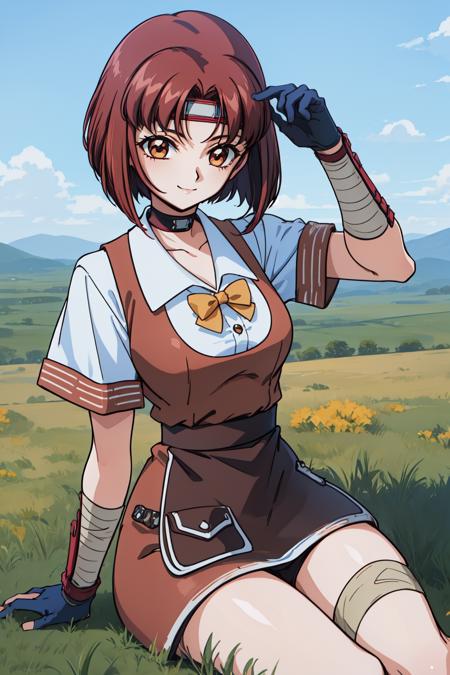 1girl, (field:1.2), cowboy shot, smile, sitting, 
vg_chiho, brown eyes, brown hair, short hair, bangs, headband, choker, gloves, bowtie, apron, short sleeves, skirt, bandages, <lora:VG_chiho_lora_ver1:0.7>, best quality, masterpiece, highres, <lora:GoodHands-vanilla:1>