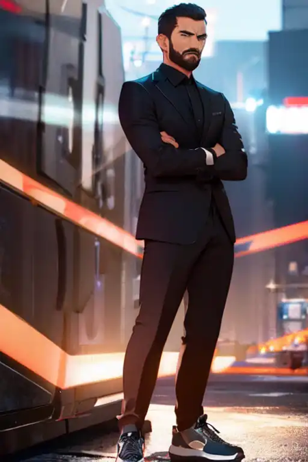 Agent Stone, black hair, beard, black tie, black suit