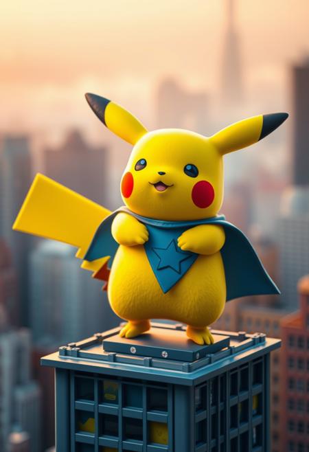 Pikachu, Pokémon, yellow, cute, funny, wearing a superhero cape, pretending to fly, standing on a toy building, city background, playful expression, warm and cozy lighting, peaceful and content atmosphere, cinematic composition, natural shadows and reflections, smooth gradients, vibrant, gentle breeze,