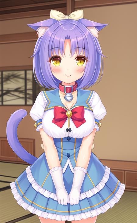 masterpiece, best quality,
<lora:gui:0.5>,gui-all,1girl, solo, animal ears, tail, gloves, collar, bell, short sleeves, puffy sleeves, neck bell, skirt, tail ornament, yellow eyes, bow, cat tail, breasts, cat ears, smile, puffy short sleeves, looking at viewer, tail bow, jingle bell, cleavage, indoors, purple hair, ribbon, bowtie, frills, hair ribbon, standing, short hair, red bow, blush, blue skirt, large breasts, white gloves, green gloves, tatami, red bowtie, slit pupils, hair bow, bangs, frilled skirt, shirt, cowboy shot, white ribbon, tail ribbon