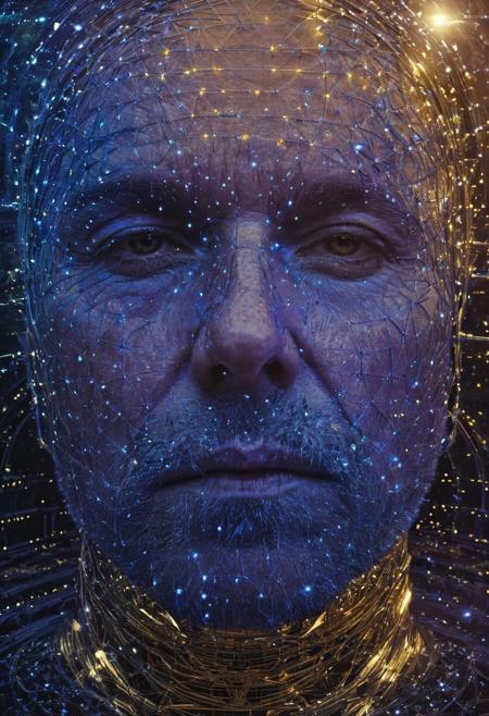 man in ephemerality, 
Highlight the ephemerality and smallness of human existence in the cosmos by representing individuals as particles of cosmic dust in soft shades of blue and violet. Explore the duality of digital connectivity and the persistence of loneliness, 
using visual elements to create an invisible web with intricate details, 
incorporating nuances of light to symbolize the complexity of human relationships. Add points of subtle brightness to represent digital connectivity, 
contrasting with soft shadows that emphasize solitude. Use a color palette that conveys the vastness of the cosmos, 
while highlighting the solitary presence of cosmic fragments in the setting, 
octane, 
full hd, 
sf, 
intricate artwork masterpiece, 
ominous, 
matte painting movie poster, 
golden ratio, 
trending on cgsociety, 
intricate, 
epic, 
trending on artstation, 
by artgerm, 
h. r. giger and beksinski, 
highly detailed, 
vibrant, 
production cinematic character render, 
ultra high quality model