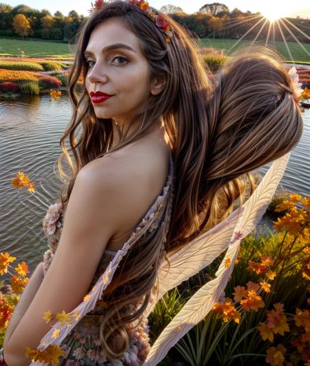 a picture of an woman with red lips BREAK dressed as a fairy with wings on her back and floral crown and detailed hair waving in the wind, gratiously flying over a fantasy pond, (looking  at horizon:1.5), sunlight, in autumn, masterpiece, best quality,  <lora:bar_sep_lora_V1-06:1> <lora:add_detail:1>