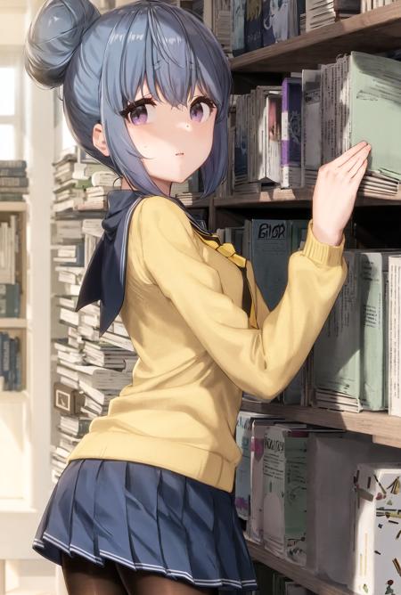 masterpiece, best quality, ultra-detailed, illustration, <lora:ShimaRin:1>, blue hair, bangs, topknot hair bun, purple eyes, long_sleeves, white school_uniform, necktie, yellow serafuku, yellow sweater, neckerchief, skirt, black pantyhose, looking at viewer, library, detailed books, bookcase, desk, dramatic shadows, organized bookshelf, poker face,